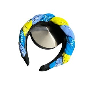 Blue Yellow Twisted Knot Headband Turban Style Fabric Wrapped Wide Boho Paisley